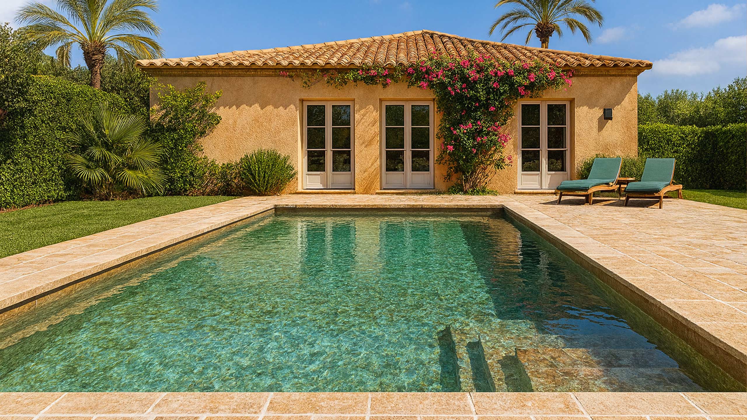 AQUAFOLIA Pool mit RENOLIT ALKORPLAN TOUCH Authentic Poolfolie – rustikale Steinoptik mit natürlicher 3D-Struktur, warme Erd- und Sandtöne, harmonisch eingebettet in mediterrane Gartenarchitektur