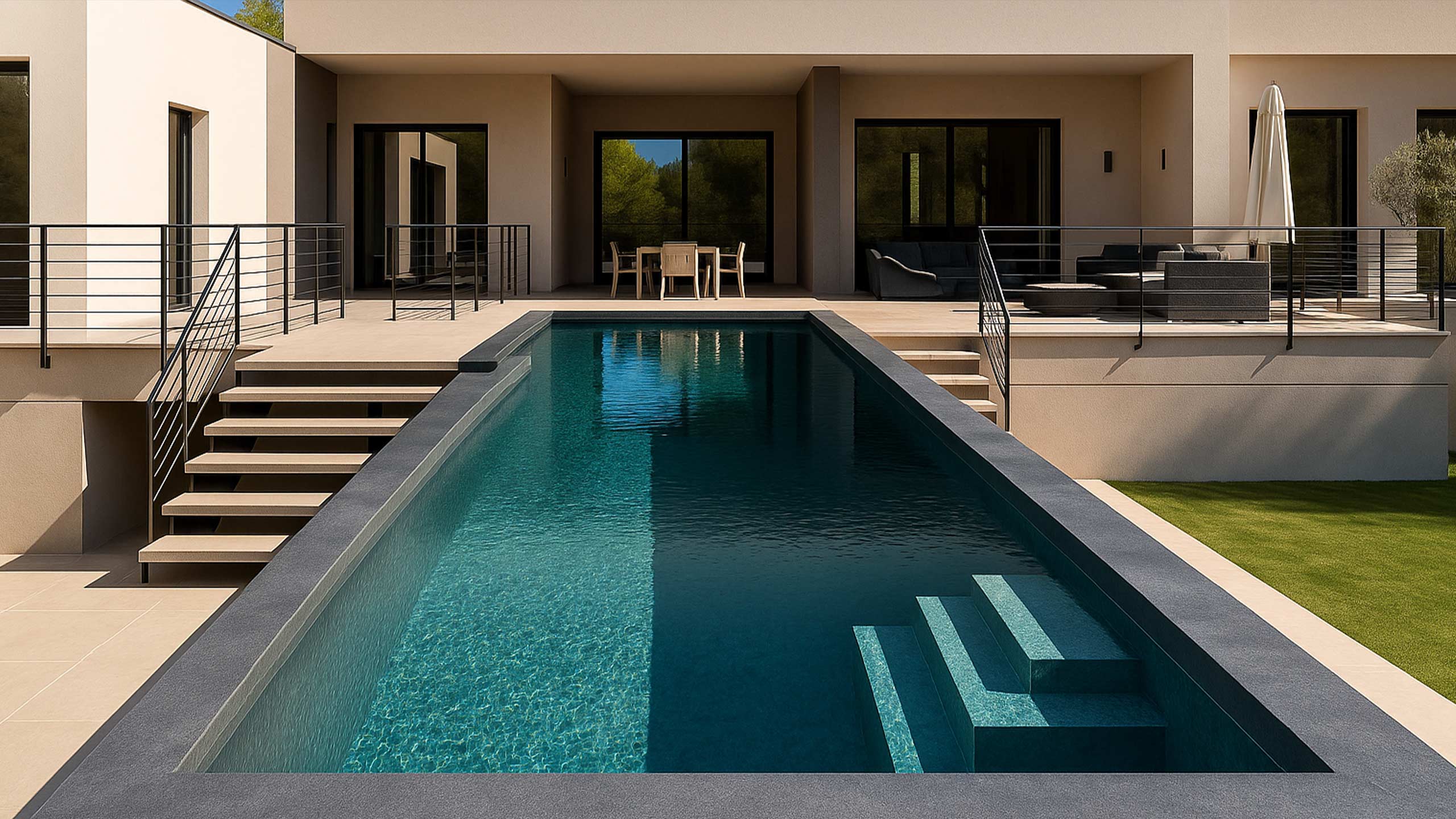 AQUAFOLIA Poolfolie RENOLIT ALKORPLAN TOUCH Elegance – moderner Designpool mit 2 mm starker, rutschfester Premium-Poolfolie in tiefem Dunkelblau mit eleganter Spiegelwirkung