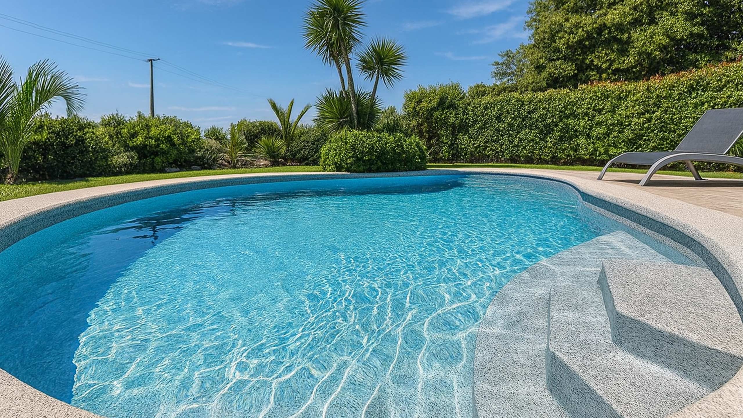 Moderner Pool mit RENOLIT ALKORPLAN TOUCH Origin Poolfolie, realisiert von AQUAFOLIA – rutschfeste 3D-Steinstruktur, naturinspirierte Granitoptik, 2 mm starke Premium-Poolfolie mit lebendigen Lichtreflexionen