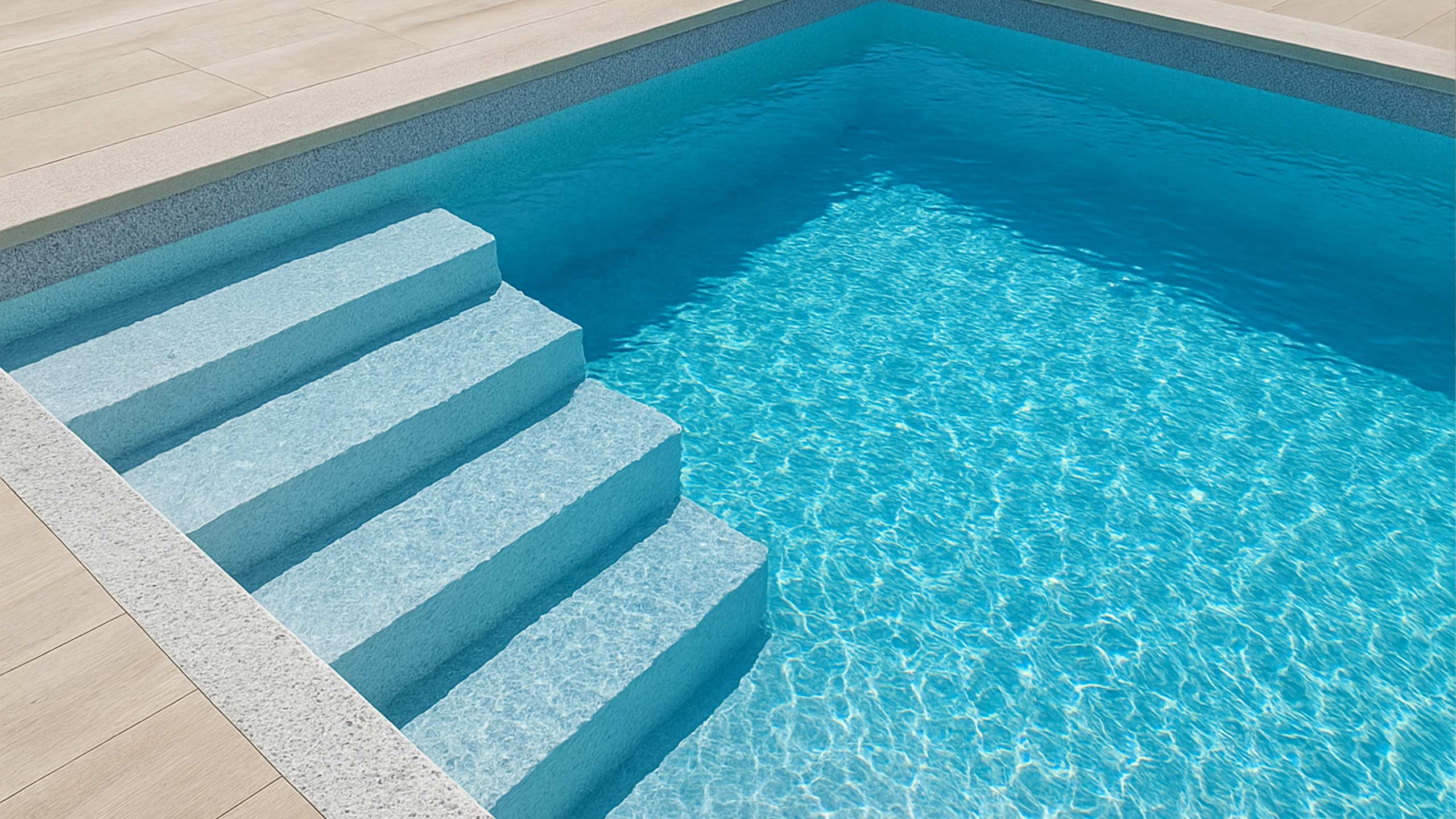 Pooltreppe mit RENOLIT ALKORPLAN TOUCH Origin Poolfolie von AQUAFOLIA – rutschfeste 3D-Steinstruktur, naturinspirierte Granitoptik, 2 mm starke Premium-Poolfolie mit lebendigen Lichtreflexionen im Wasser