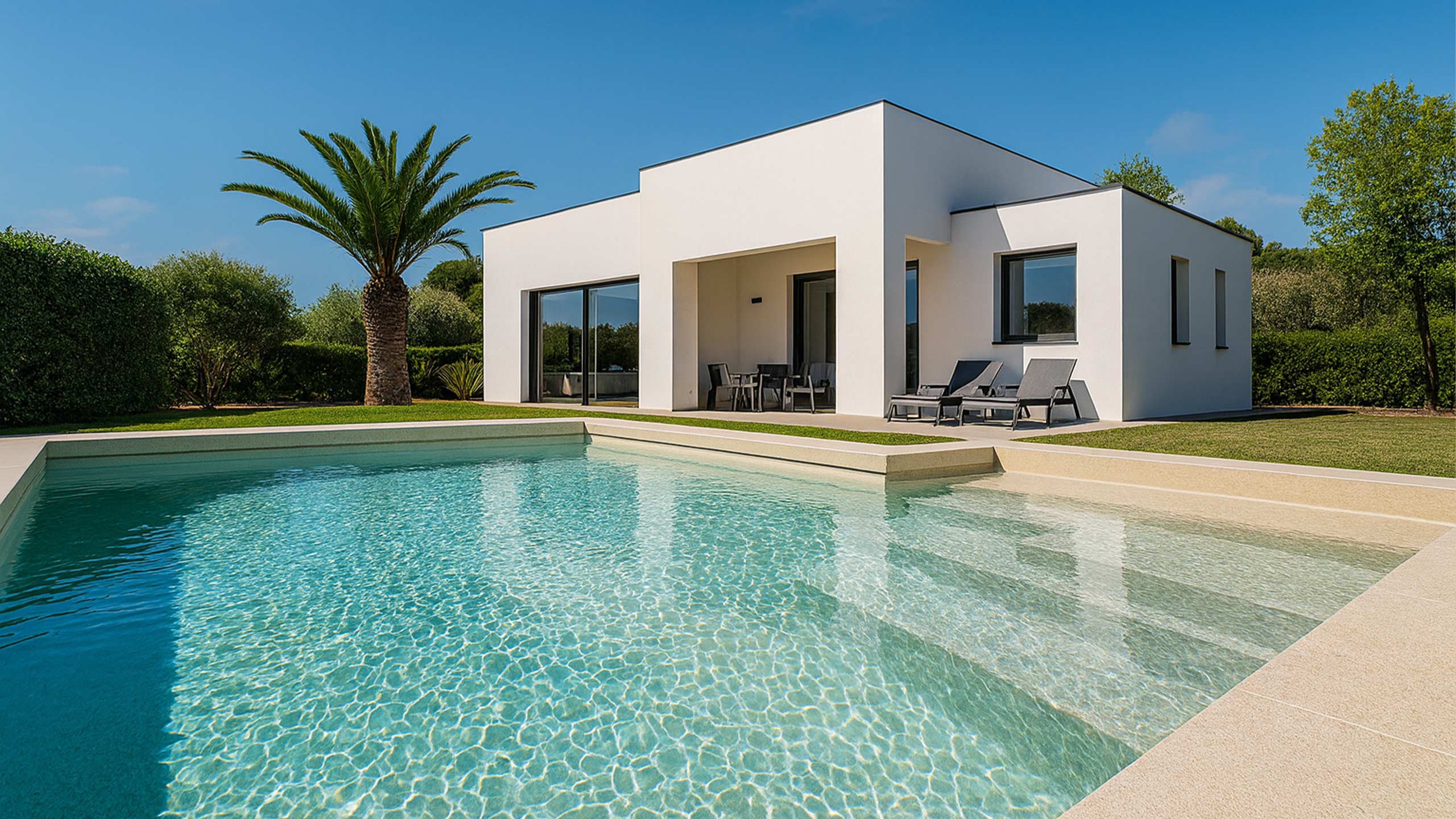 AQUAFOLIA Pool mit RENOLIT ALKORPLAN TOUCH Relax Poolfolie – goldsandfarbene Premium-Poolfolie mit 2 mm Stärke, rutschfester 3D-Struktur und türkisfarbenem Wasserschimmer in moderner Architektur