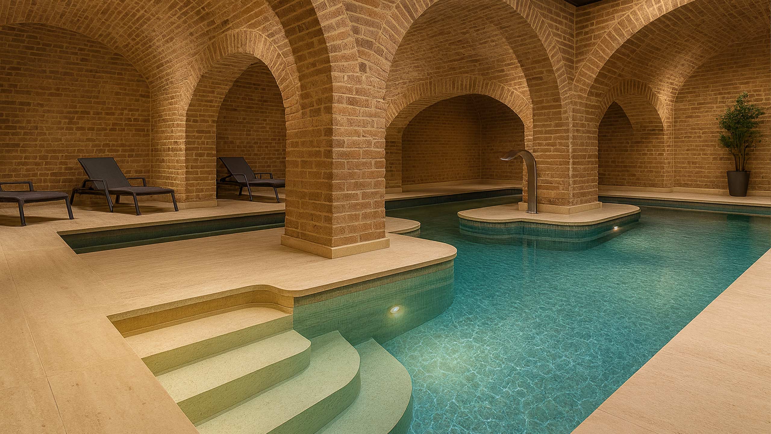 AQUAFOLIA Wellnesspool mit RENOLIT ALKORPLAN TOUCH Relax Poolfolie – goldsandfarbene Premium-Poolfolie mit 3D-Struktur, rutschhemmender Oberfläche und türkisfarbenem Wasserschimmer in exklusivem Spa-Gewölbe