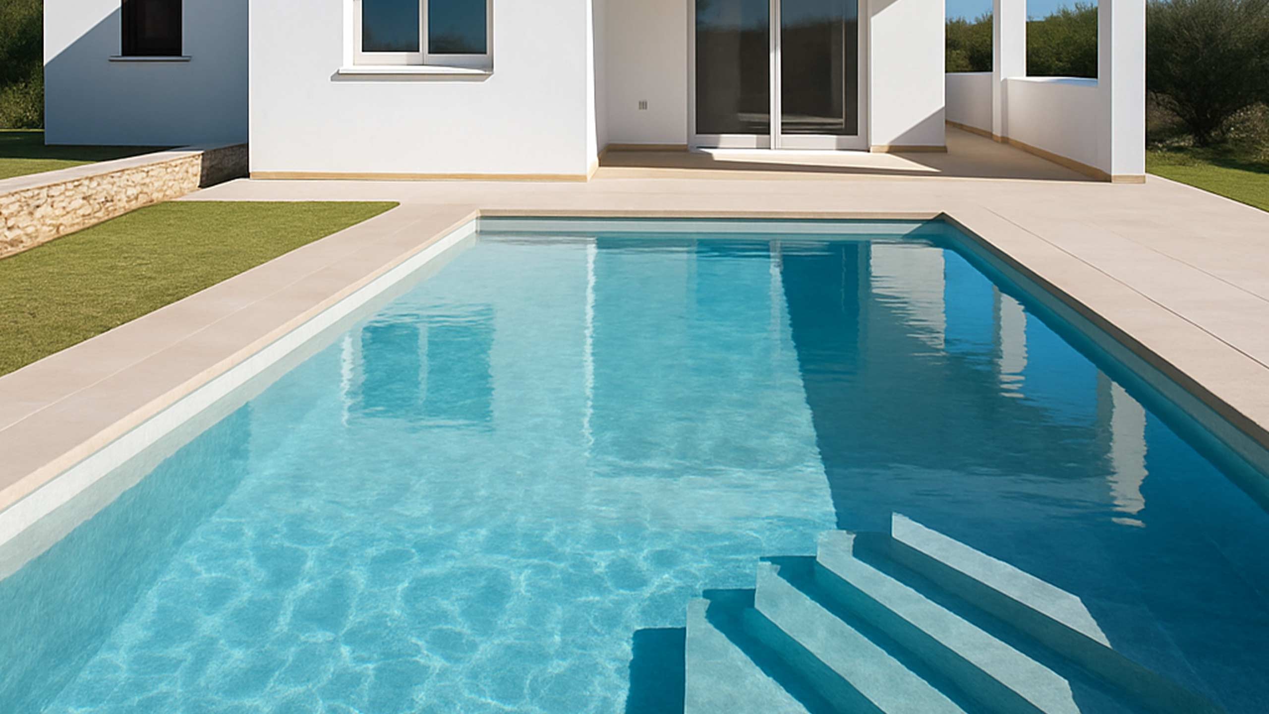 Helle Summer Poolfolie mit kristallklarem Wasser, sanften Blautönen und klaren Stufen – modernes Pooldesign mit sommerlicher Leichtigkeit von Aquafolia