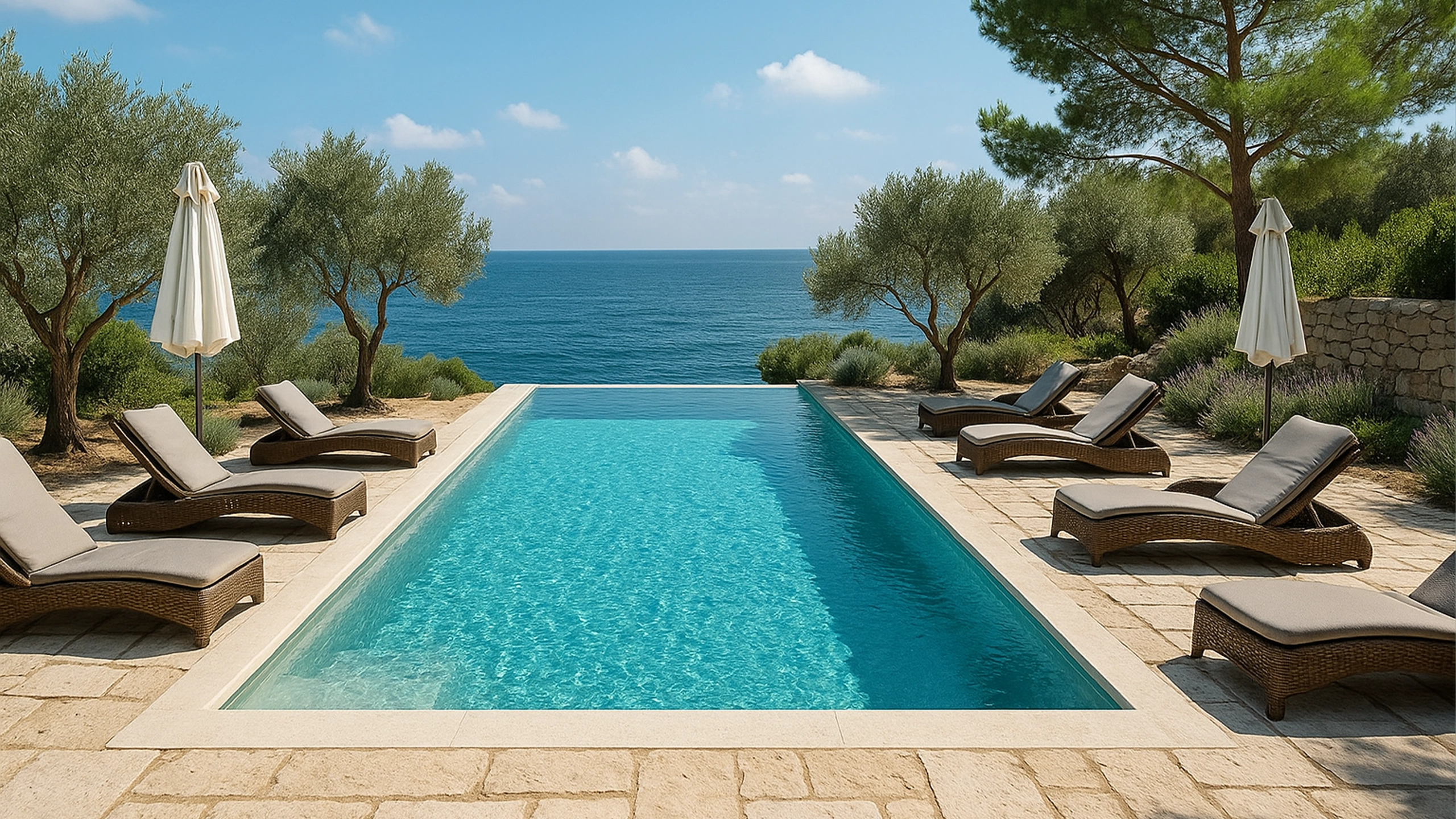 Tropischer Designpool mit VOGUE Tropical Poolfolie von Aquafolia – Urlaubsflair mit Meerblick und exklusivem Pooldesign