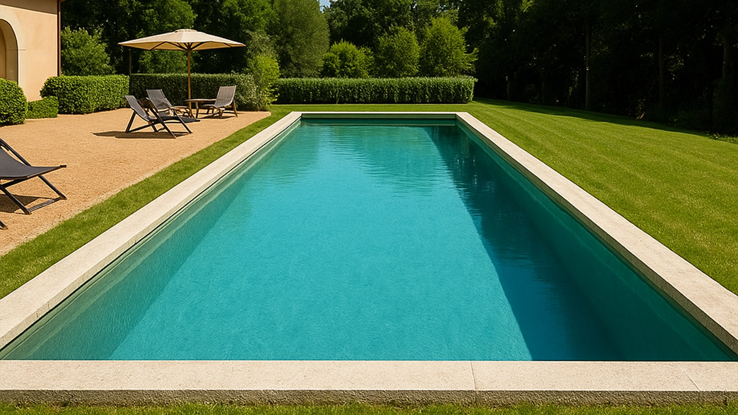 Moderner Gartenpool mit VOGUE Tropical Poolfolie von Aquafolia – türkisfarbene Wasseroptik mit tropischem Charakter