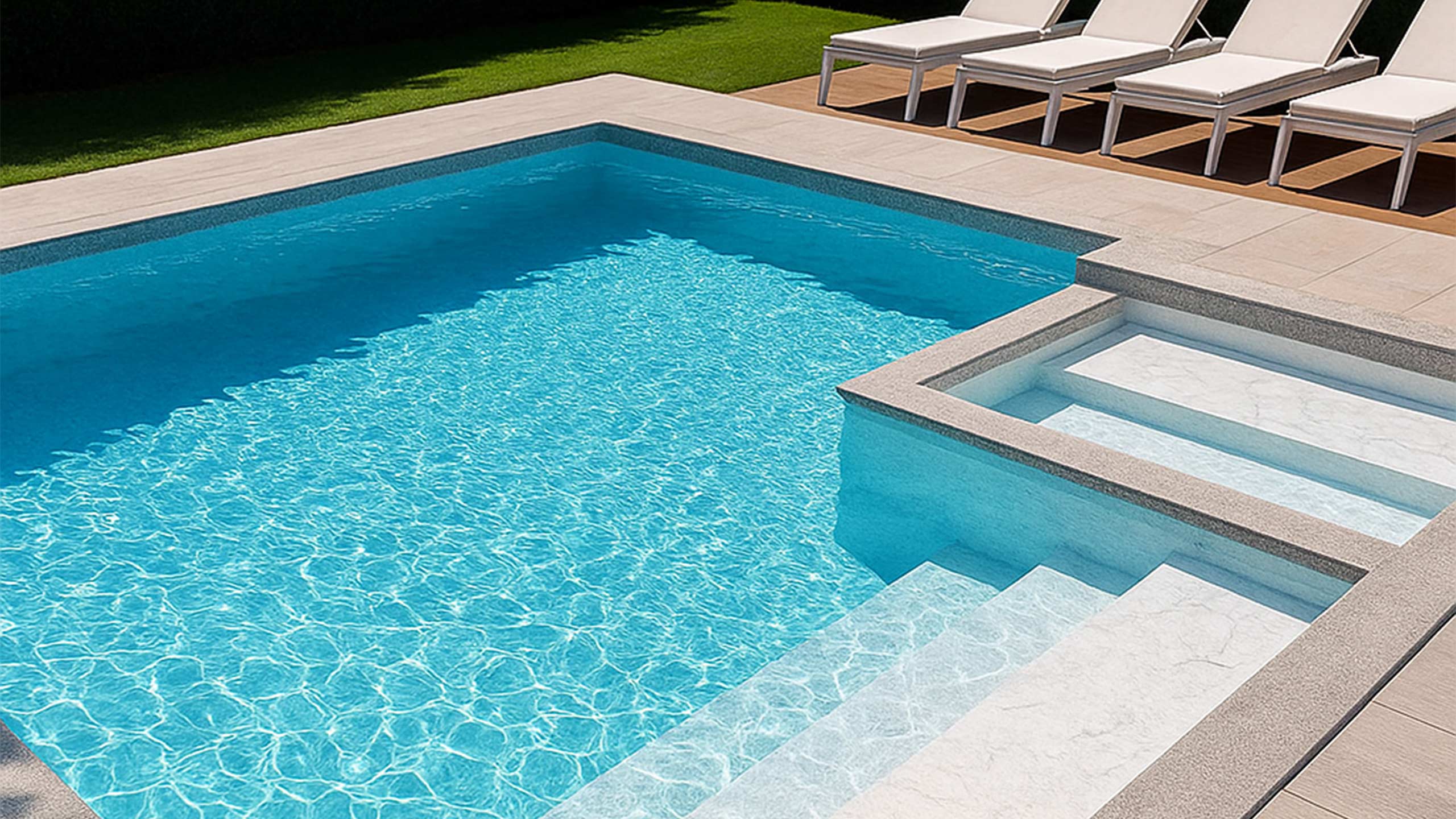 Luxuriöser Pool mit RENOLIT ALKORPLAN TOUCH Vanity Poolfolie von AQUAFOLIA – helle Marmoroptik mit rutschfester 3D-Struktur, 2 mm starke Premium-Poolfolie mit edlem Weißton und klaren Wasserreflexionen