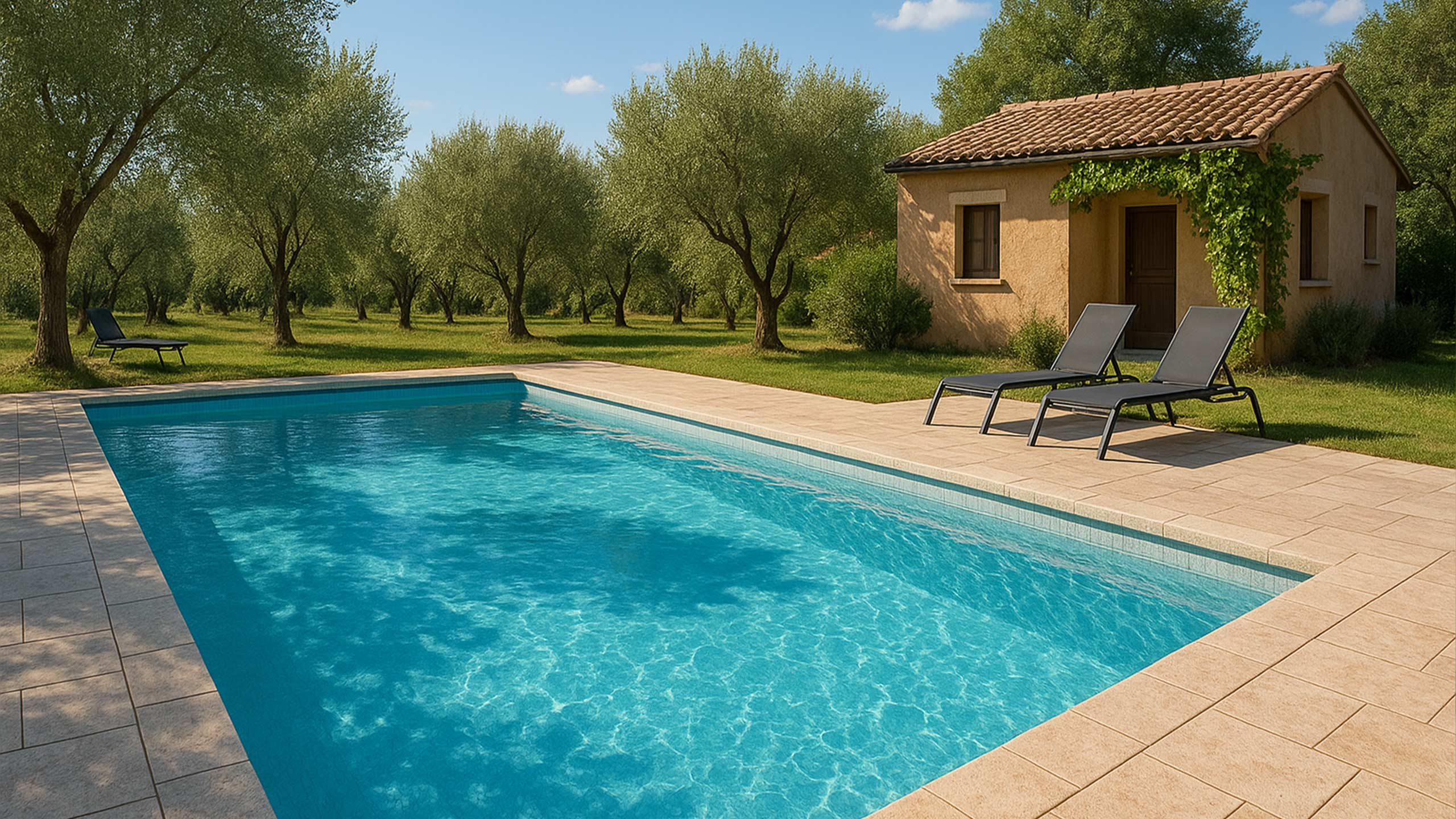 Pool mit VOGUE Vintage Poolfolie von Aquafolia in mediterraner Landschaft – klassische Wasserfarbe im harmonischen Naturambiente