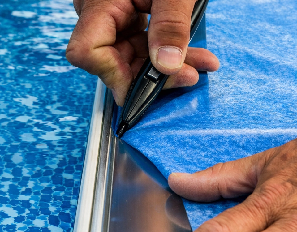 Schnelle & Flexible Verlegung Präziser Zuschnitt einer Aquafolia Poolfolie bei der Montage, saubere Verarbeitung an der Poolkante für ein perfektes Finish