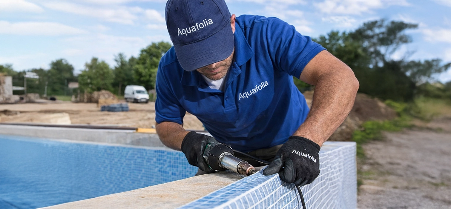 Professionelle Poolfolien-Montage durch Aquafolia mit Heißluftschweißgerät, präzise Verarbeitung an der Poolkante